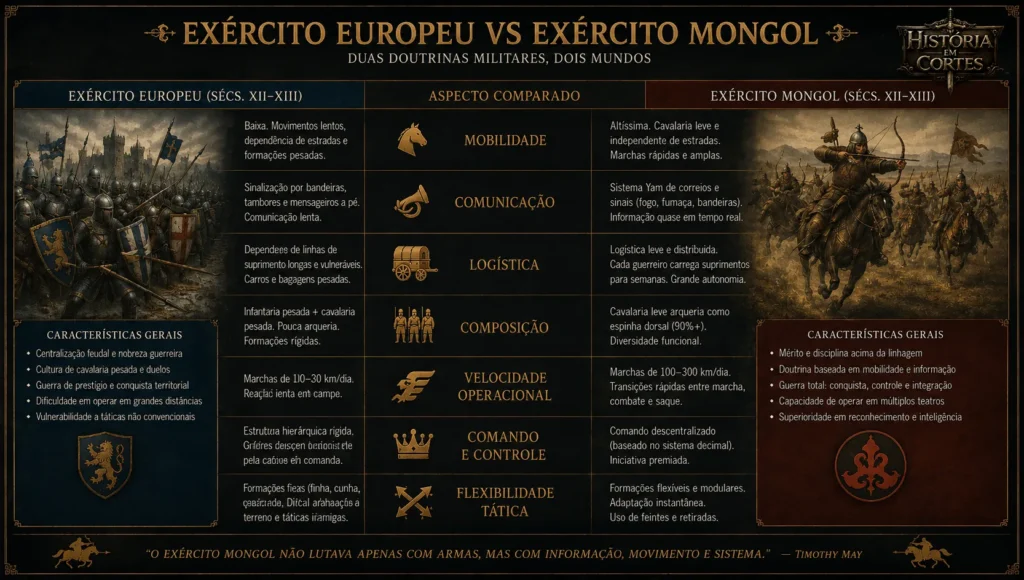 Comparação entre o exército europeu e o exército mongol nos séculos XII e XIII, destacando mobilidade, comunicação, logística, composição, velocidade operacional, comando e flexibilidade tática.