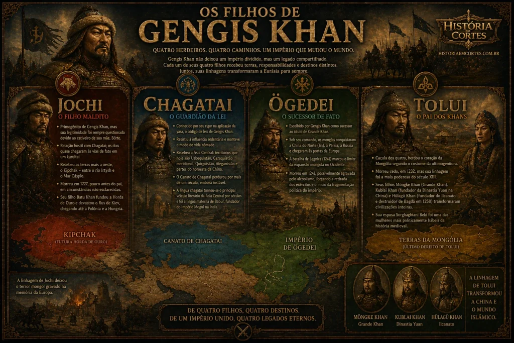 Ilustração dos filhos de Gengis Khan — Jochi, Chagatai, Ögedei e Tolui — e a divisão do Império Mongol