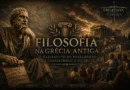 Ilustração cinematográfica sobre a filosofia na Grécia Antiga com filósofos gregos, Partenon