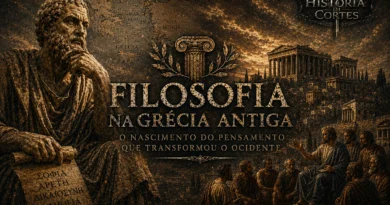 Ilustração cinematográfica sobre a filosofia na Grécia Antiga com filósofos gregos, Partenon
