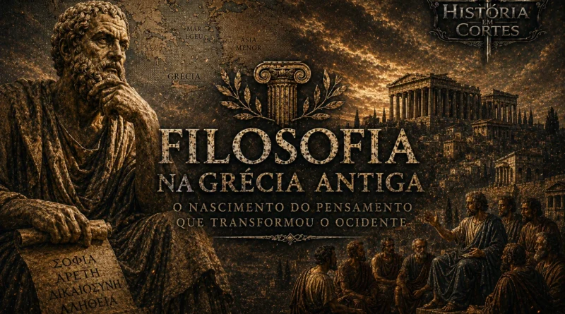 Ilustração cinematográfica sobre a filosofia na Grécia Antiga com filósofos gregos, Partenon