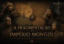 Mapa da fragmentação do Império Mongol mostrando os quatro khanatos mongóis: Horda de Ouro, Canato de Chagatai, Ilcanato e Dinastia Yuan após a morte de Gengis Khan.