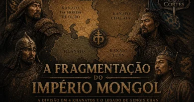 Mapa da fragmentação do Império Mongol mostrando os quatro khanatos mongóis: Horda de Ouro, Canato de Chagatai, Ilcanato e Dinastia Yuan após a morte de Gengis Khan.