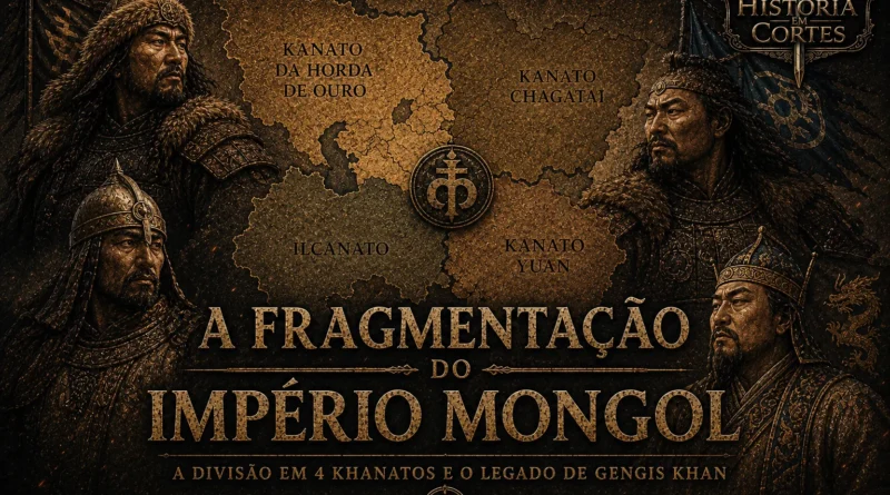 Mapa da fragmentação do Império Mongol mostrando os quatro khanatos mongóis: Horda de Ouro, Canato de Chagatai, Ilcanato e Dinastia Yuan após a morte de Gengis Khan.
