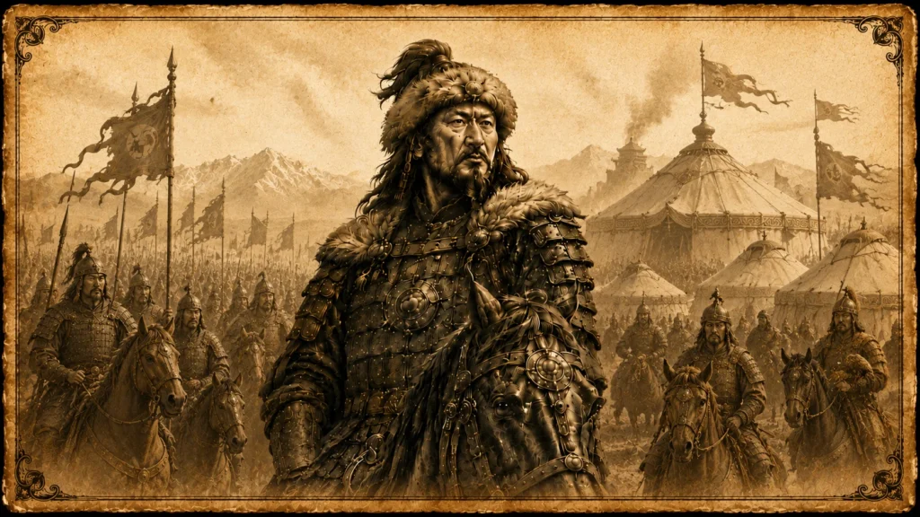 Ilustração cinematográfica de Gengis Khan liderando uma horda mongol diante de acampamentos nas estepes, em estilo pergaminho envelhecido.