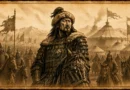 Ilustração cinematográfica de Gengis Khan liderando uma horda mongol diante de acampamentos nas estepes, em estilo pergaminho envelhecido.