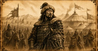 Ilustração cinematográfica de Gengis Khan liderando uma horda mongol diante de acampamentos nas estepes, em estilo pergaminho envelhecido.