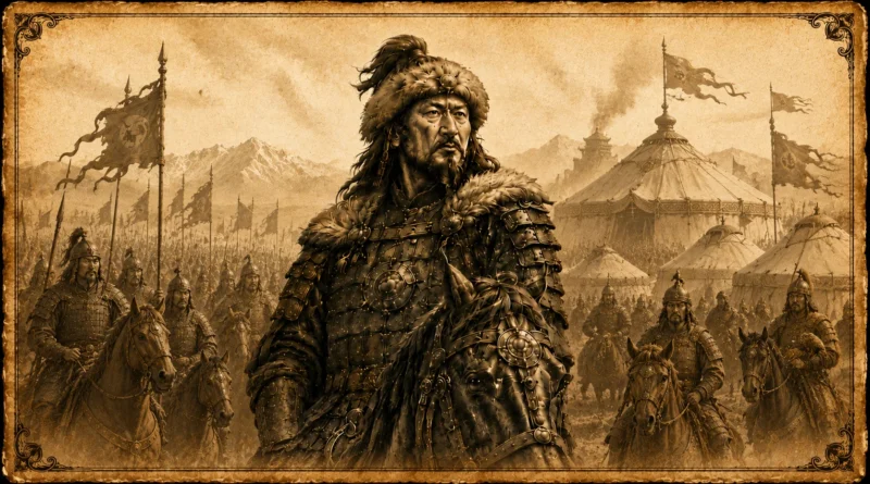 Ilustração cinematográfica de Gengis Khan liderando uma horda mongol diante de acampamentos nas estepes, em estilo pergaminho envelhecido.