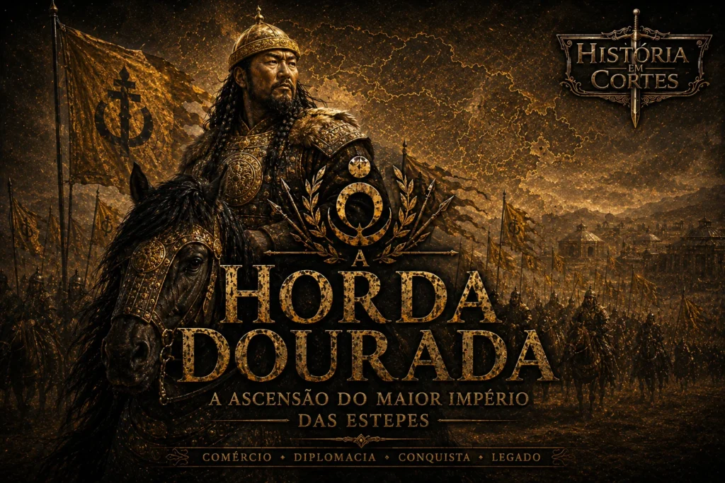 Ilustração da Horda Dourada com líder mongol montado a cavalo diante de um exército nas estepes da Eurásia medieval.