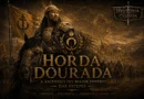 Ilustração da Horda Dourada com líder mongol montado a cavalo diante de um exército nas estepes da Eurásia medieval.
