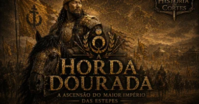 Ilustração da Horda Dourada com líder mongol montado a cavalo diante de um exército nas estepes da Eurásia medieval.
