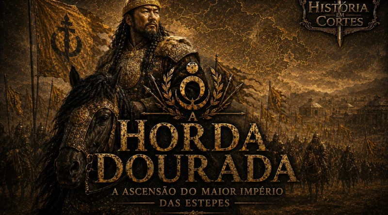 Ilustração da Horda Dourada com líder mongol montado a cavalo diante de um exército nas estepes da Eurásia medieval.