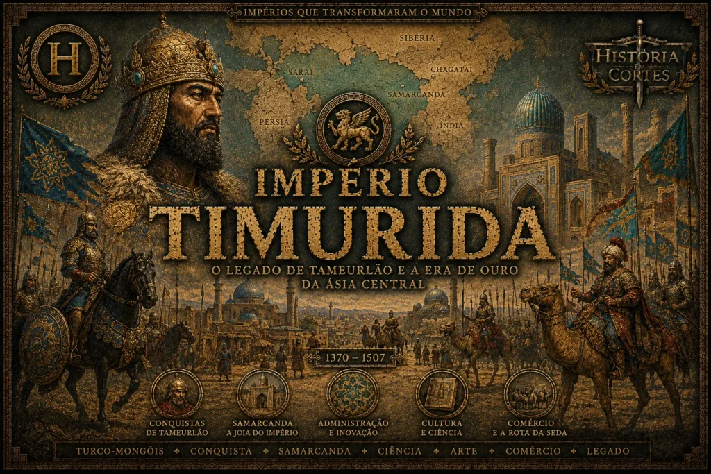 Ilustração histórica do Império Timurida com Tamerlão, Samarcanda e exércitos turco-mongóis em estilo cinematográfico documental.