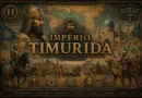 Ilustração histórica do Império Timurida com Tamerlão, Samarcanda e exércitos turco-mongóis em estilo cinematográfico documental.