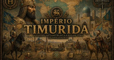 Ilustração histórica do Império Timurida com Tamerlão, Samarcanda e exércitos turco-mongóis em estilo cinematográfico documental.