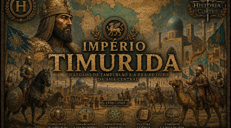 Ilustração histórica do Império Timurida com Tamerlão, Samarcanda e exércitos turco-mongóis em estilo cinematográfico documental.
