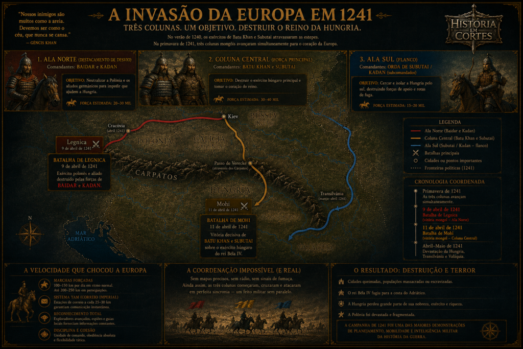 Mapa da invasão mongol da Europa em 1241 mostrando as três colunas de ataque lideradas por Batu Khan, Subutai, Baidar e Kadan, incluindo as batalhas de Legnica e Mohi.