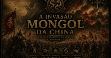 Horda mongol avançando sobre cidades chinesas durante a invasão da China, com muralhas em chamas e estética cinematográfica inspirada na Dinastia Yuan.