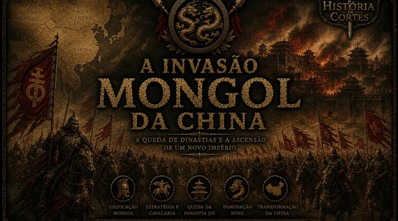 Horda mongol avançando sobre cidades chinesas durante a invasão da China, com muralhas em chamas e estética cinematográfica inspirada na Dinastia Yuan.