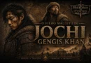 Ilustração de Jochi, filho de Gengis Khan, em armadura mongol diante do exército do Império Mongol
