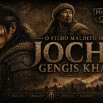 Ilustração de Jochi, filho de Gengis Khan, em armadura mongol diante do exército do Império Mongol