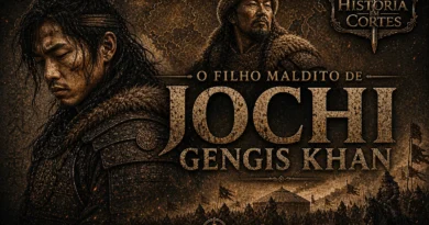Ilustração de Jochi, filho de Gengis Khan, em armadura mongol diante do exército do Império Mongol
