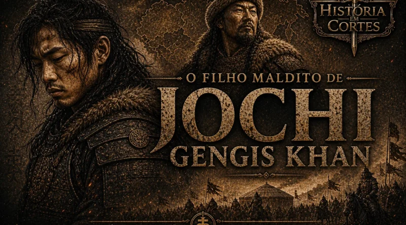 Ilustração de Jochi, filho de Gengis Khan, em armadura mongol diante do exército do Império Mongol
