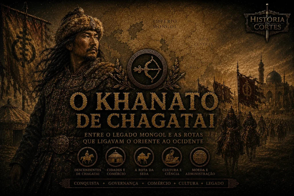 Capa cinematográfica do História em Cortes mostrando o Khanato de Chagatai, com líder mongol, mapa da Ásia Central, cavaleiros e referências à Rota da Seda.