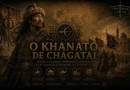 Capa cinematográfica do História em Cortes mostrando o Khanato de Chagatai, com líder mongol, mapa da Ásia Central, cavaleiros e referências à Rota da Seda.
