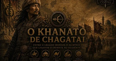 Capa cinematográfica do História em Cortes mostrando o Khanato de Chagatai, com líder mongol, mapa da Ásia Central, cavaleiros e referências à Rota da Seda.