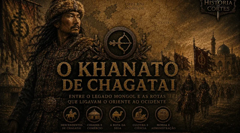 Capa cinematográfica do História em Cortes mostrando o Khanato de Chagatai, com líder mongol, mapa da Ásia Central, cavaleiros e referências à Rota da Seda.