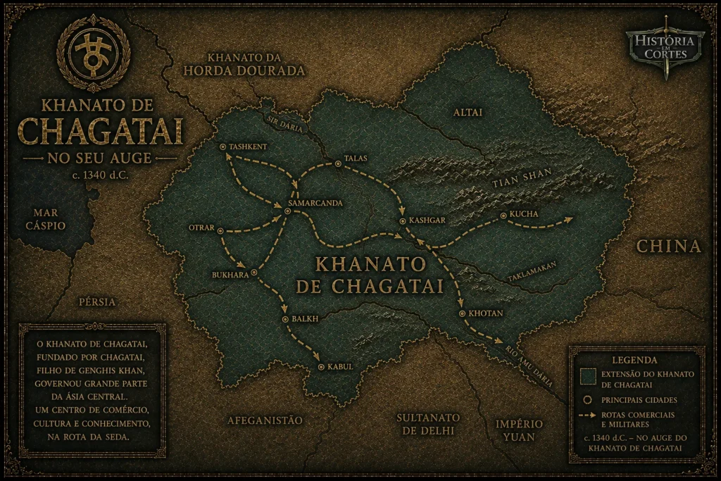 Mapa do Khanato de Chagatai no seu auge em 1340 d.C., mostrando cidades, rotas comerciais e territórios da Ásia Central.