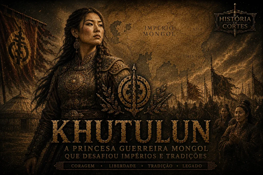 Ilustração histórica de Khutulun, princesa guerreira mongol e filha de Kaidu Khan, em estilo cinematográfico inspirado no Império Mongol.