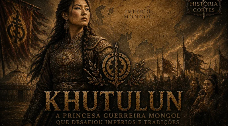 Ilustração histórica de Khutulun, princesa guerreira mongol e filha de Kaidu Khan, em estilo cinematográfico inspirado no Império Mongol.