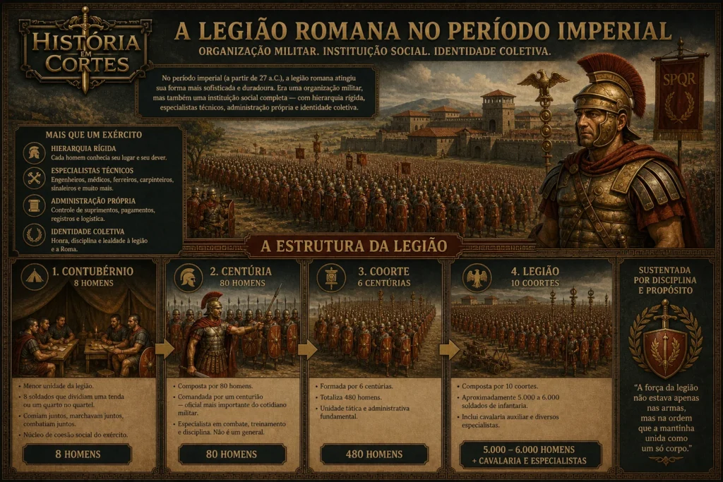 Estrutura da legião romana no período imperial com contubérnio, centúria, coorte e legião