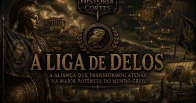 Ilustração da Liga de Delos mostrando Atenas, navios gregos e a expansão da aliança marítima liderada pelos atenienses após as Guerras Médicas.