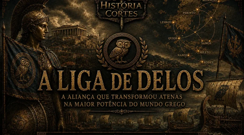 Ilustração da Liga de Delos mostrando Atenas, navios gregos e a expansão da aliança marítima liderada pelos atenienses após as Guerras Médicas.