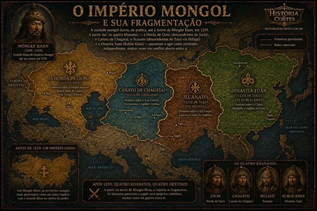 Mapa do Império Mongol mostrando a fragmentação após a morte de Möngke Khan em 1259, com a Horda de Ouro, Canato de Chagatai, Ilcanato e Dinastia Yuan.