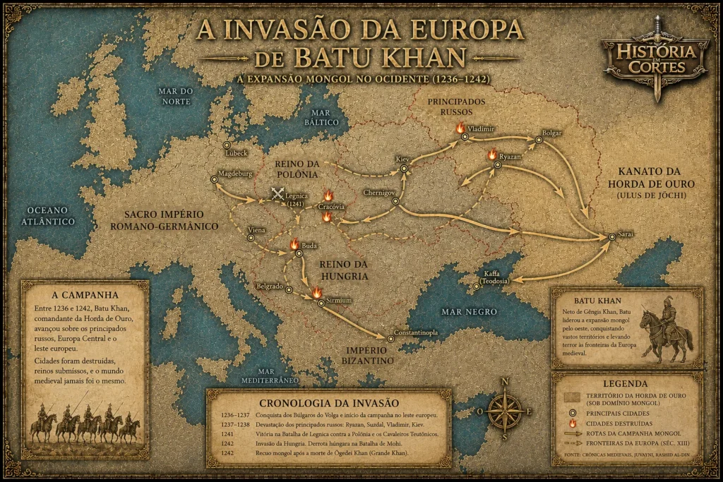 Mapa histórico da invasão mongol da Europa liderada por Batu Khan entre 1236 e 1242, mostrando as rotas da campanha mongol, cidades destruídas e territórios da Horda de Ouro.