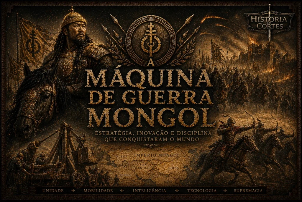 Capa cinematográfica representando a máquina de guerra mongol, com arqueiros montados, líder mongol armado com arco e flecha, tropas das estepes e armas de cerco durante as conquistas do Império Mongol.