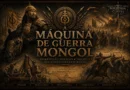 Capa cinematográfica representando a máquina de guerra mongol, com arqueiros montados, líder mongol armado com arco e flecha, tropas das estepes e armas de cerco durante as conquistas do Império Mongol.