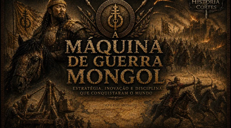 Capa cinematográfica representando a máquina de guerra mongol, com arqueiros montados, líder mongol armado com arco e flecha, tropas das estepes e armas de cerco durante as conquistas do Império Mongol.