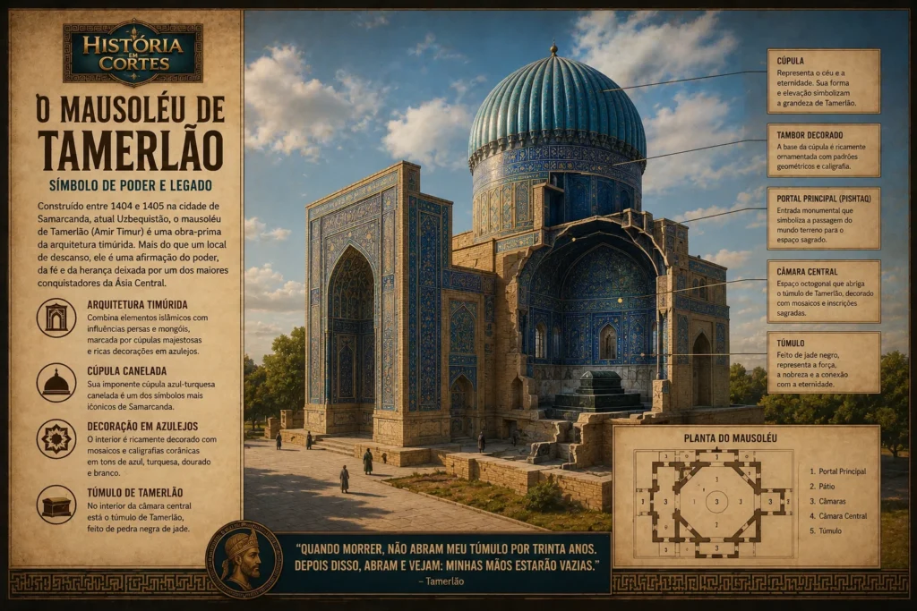 O Mausoléu de Tamerlão em Samarcanda, no Uzbequistão, com sua grande cúpula azul timúrida e mosaicos islâmicos.