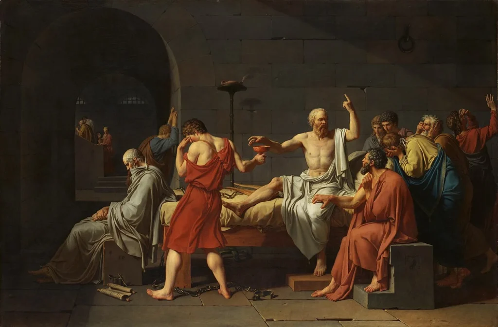 Pintura “A Morte de Sócrates”, de Jacques-Louis David, retratando o filósofo ateniense momentos antes de beber cicuta.