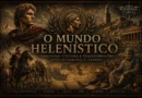 Ilustração cinematográfica do mundo helenístico mostrando Alexandre, o Grande, cidades gregas monumentais, mapa dos reinos helenísticos e filósofo grego em estilo histórico documental.