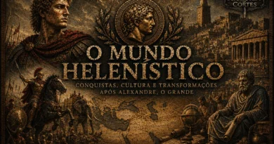 Ilustração cinematográfica do mundo helenístico mostrando Alexandre, o Grande, cidades gregas monumentais, mapa dos reinos helenísticos e filósofo grego em estilo histórico documental.