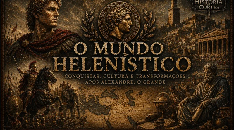 Ilustração cinematográfica do mundo helenístico mostrando Alexandre, o Grande, cidades gregas monumentais, mapa dos reinos helenísticos e filósofo grego em estilo histórico documental.