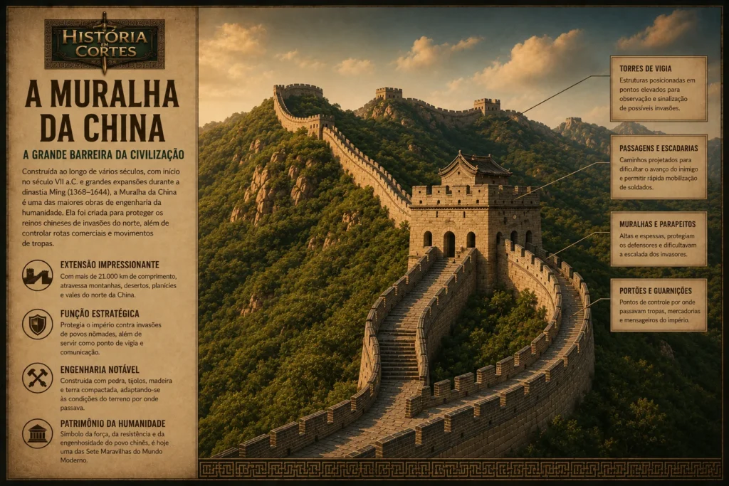 Imagem da Muralha da China serpenteando pelas montanhas