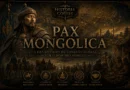 Capa histórica sobre a Pax Mongolica mostrando líder mongol, mapa da Eurásia e a Rota da Seda durante o Império Mongol.