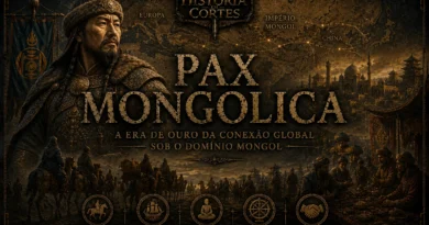 Capa histórica sobre a Pax Mongolica mostrando líder mongol, mapa da Eurásia e a Rota da Seda durante o Império Mongol.